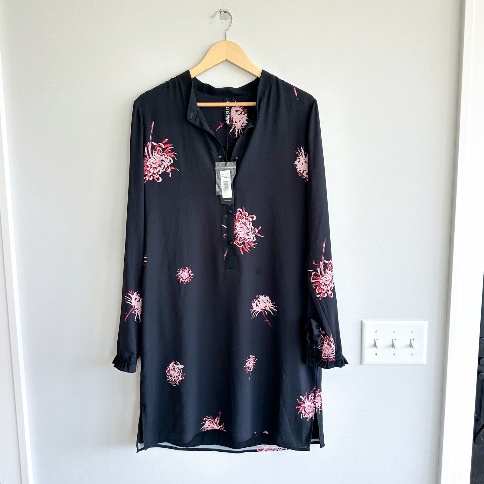 Yoana Baraschi Floral Long Sleeve Tunic Ruffle Shirt Dress Black L